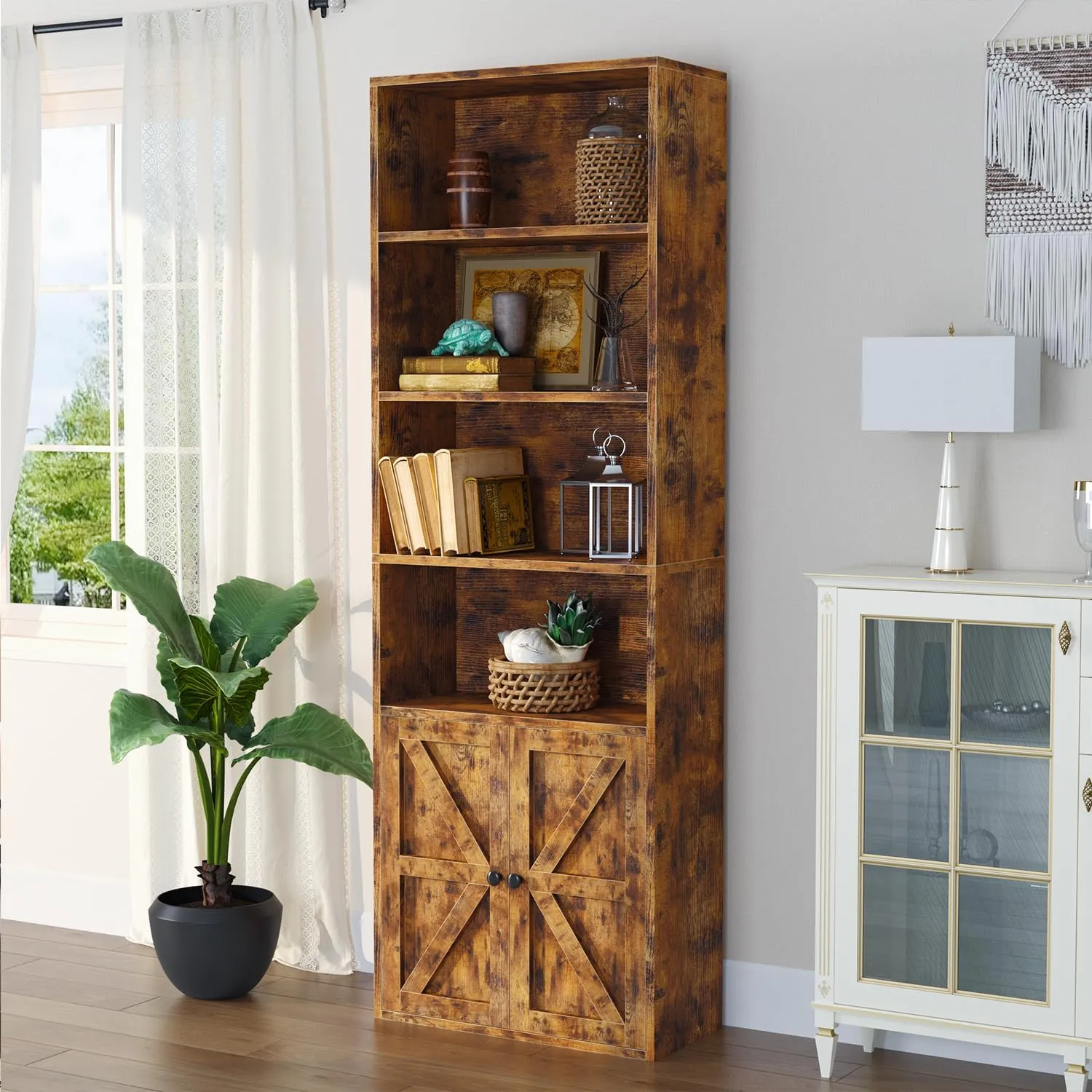 21.9" Width 6-Tier Floor Bookshelves with Farmhouse Barn Door