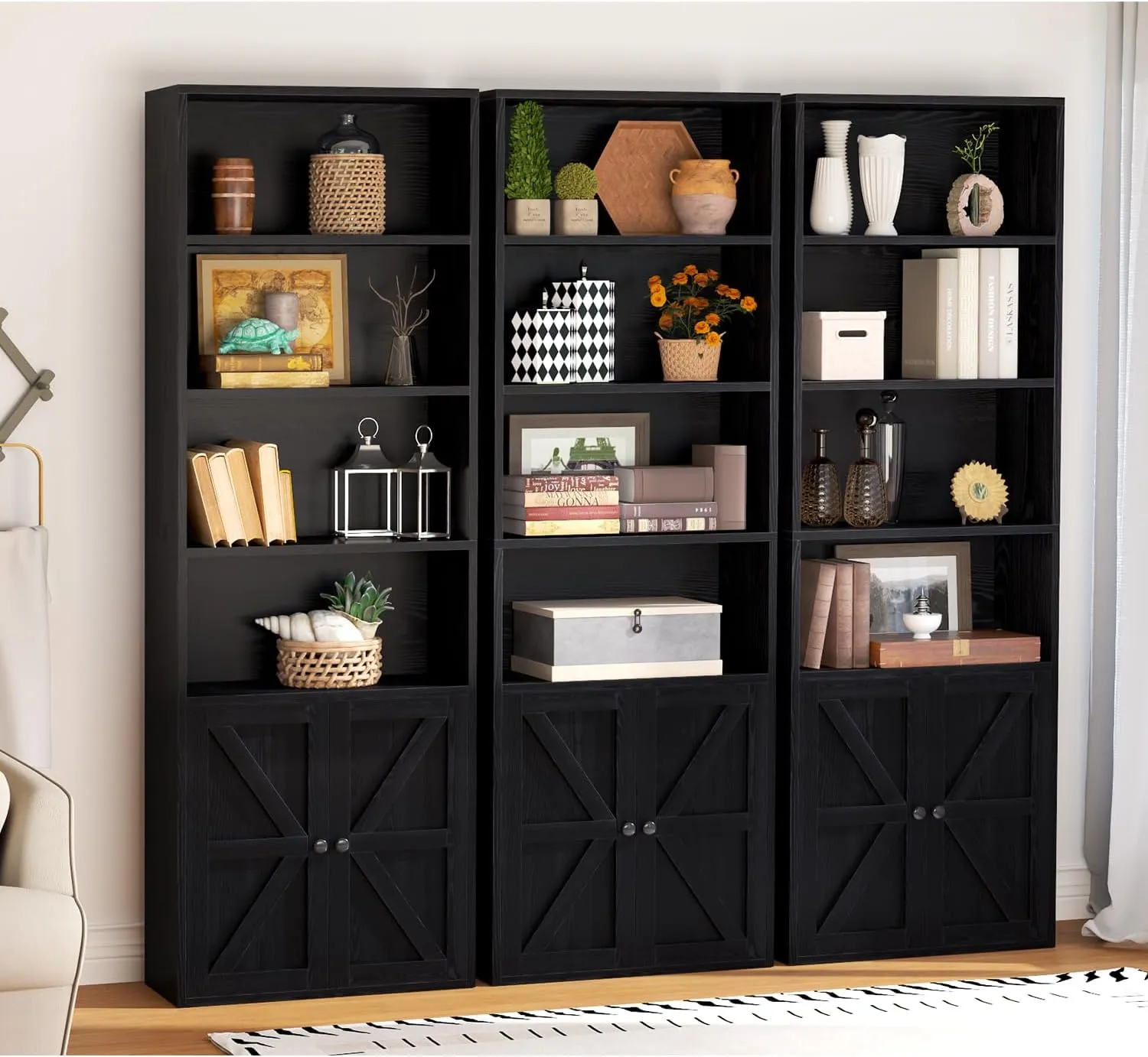 21.9" Width 6-Tier Floor Bookshelves with Farmhouse Barn Door