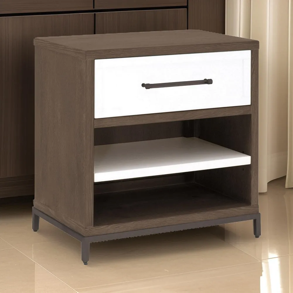 29 Inch Nightstand, 1 Drawer with Handle, 2 Open Spaces, White and Brown By Casagear Home