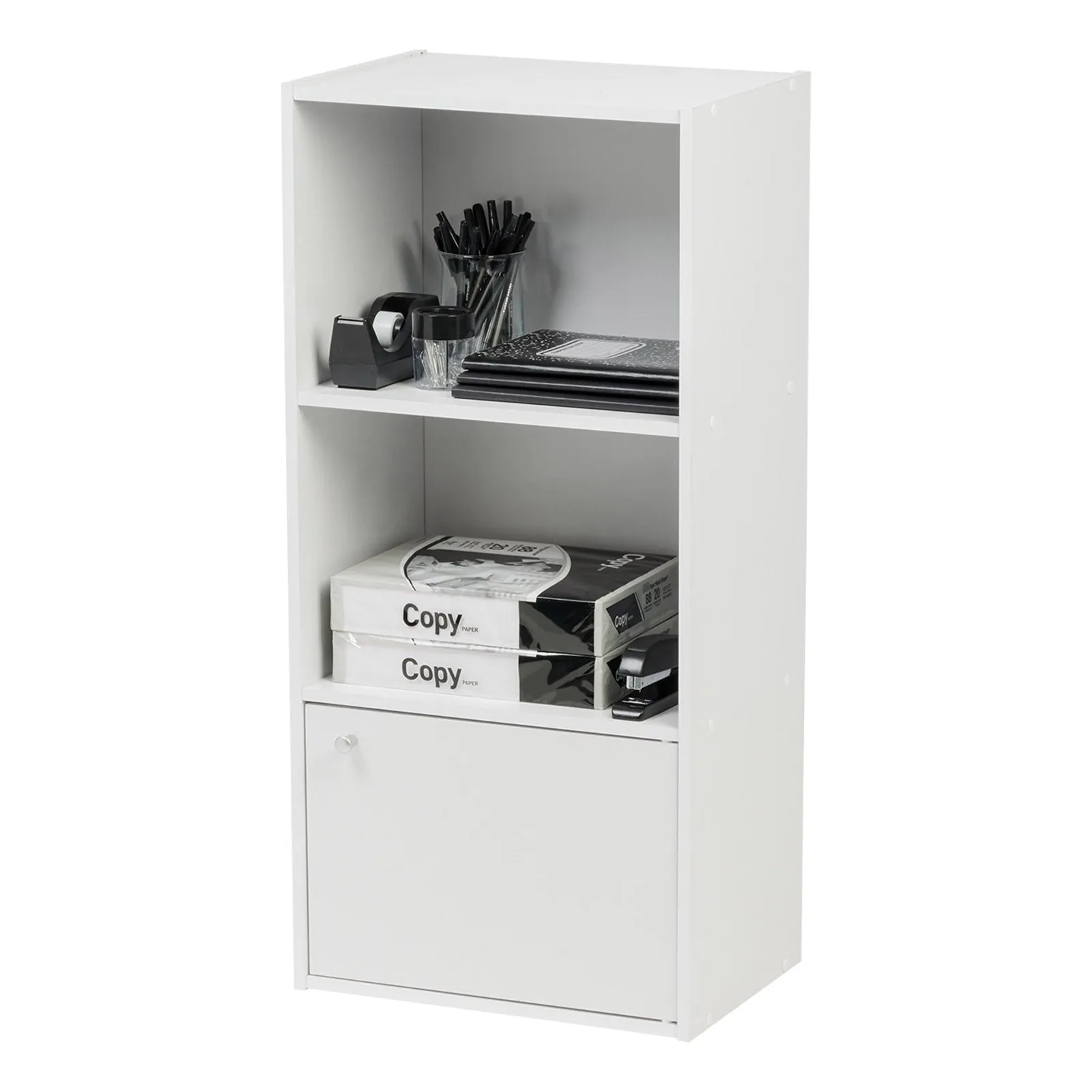 3 Tier Bookshelf and Storage Cupboard, Open Cubby Storage Shelf with Door, Small Storage Cabinet, White