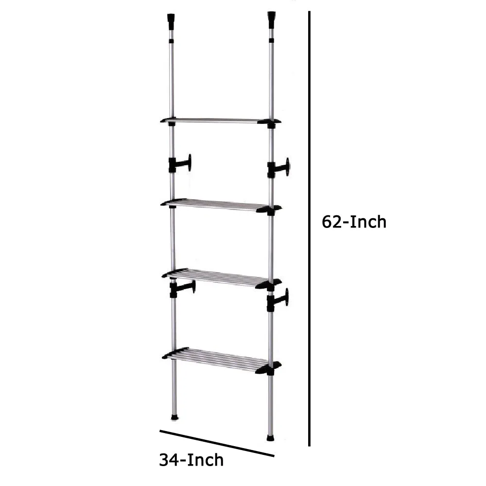 4 Tier Telescopic Metal Frame Clothes Rack, Silver And Black By Benzara