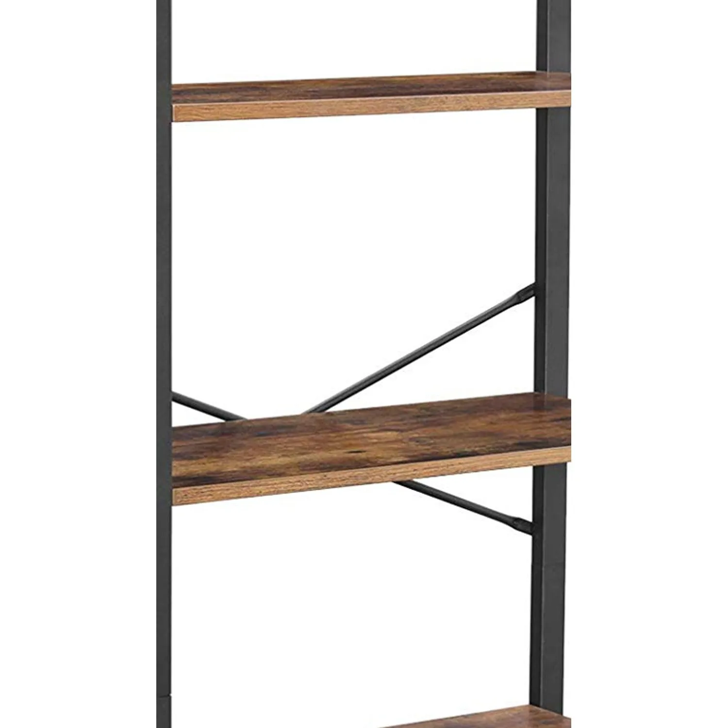 4 Tier Wood And Metal Bookcase With Criss Cross Back, Rustic Brown And Black By Benzara