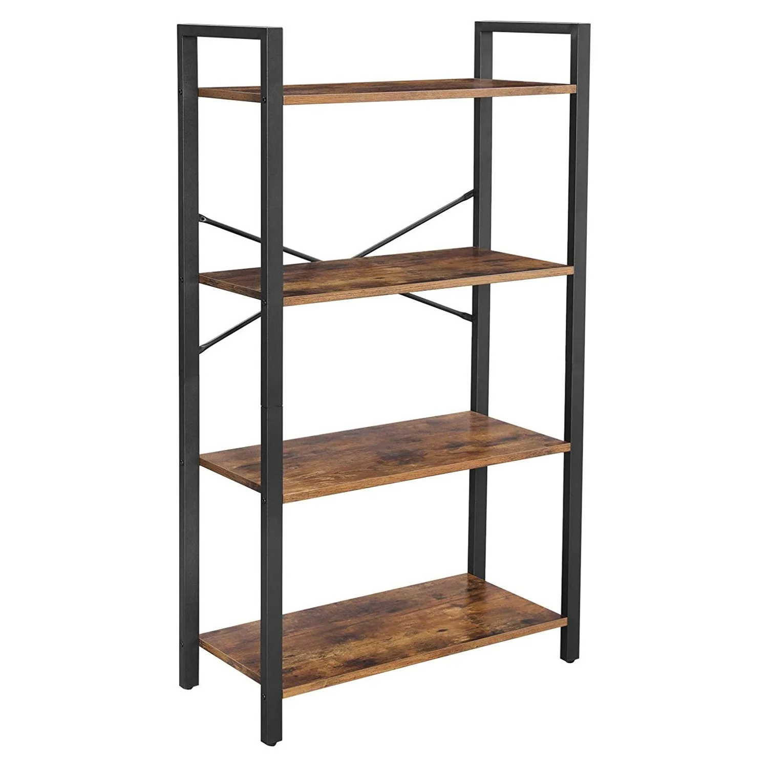 4 Tier Wood And Metal Bookcase With Criss Cross Back, Rustic Brown And Black By Benzara