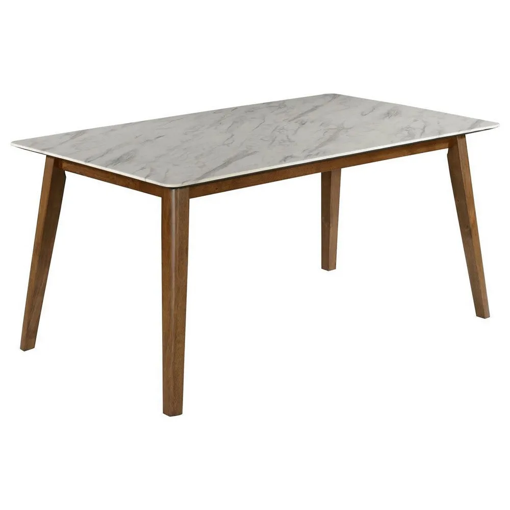 63 Inch Dining Table, Faux Marble Finish, Asian Hardwood, Light Brown  By Casagear Home