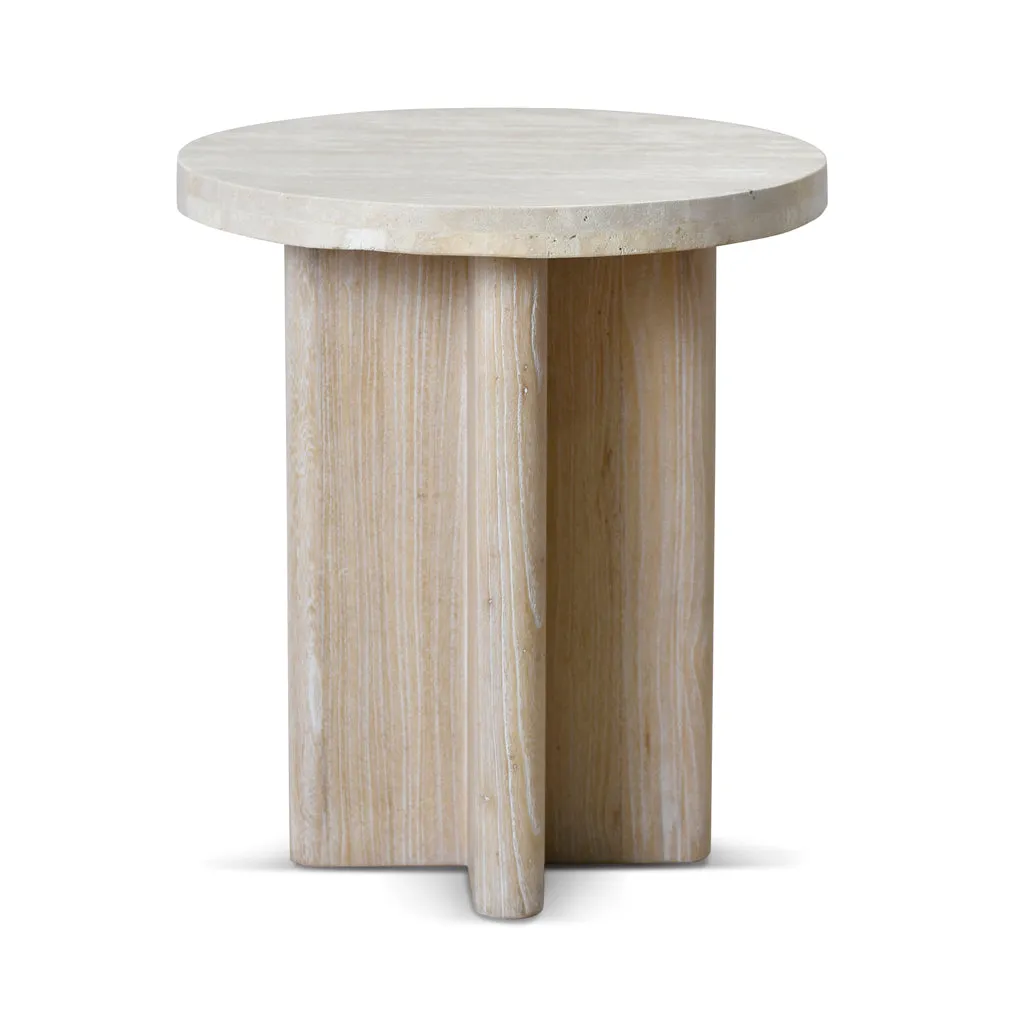 Agosti Travertine Marble Round Side Table - White Wash