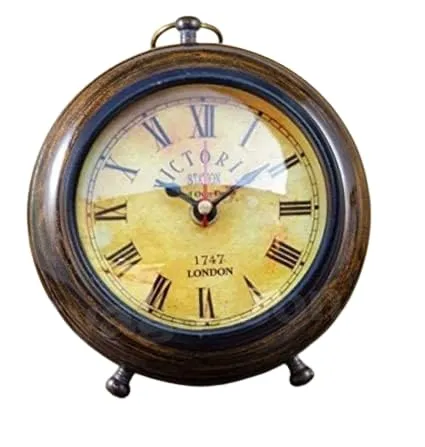 ALFAMART HT,6 INCH Handmade Antique Table Clock Nautical Collectible Round Analog Desk Clock for Home and Office Decor, Brown