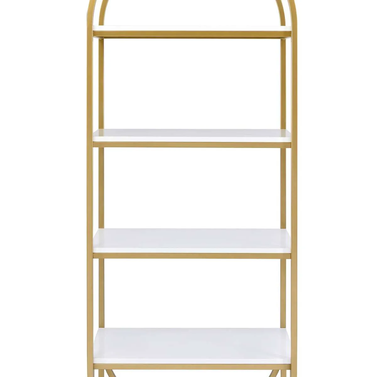 Arched Metal Frame Wooden Bookshelf With 4 Open Compartments,White And Gold By Benzara