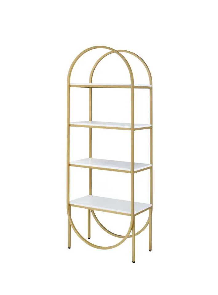 Arched Metal Frame Wooden Bookshelf With 4 Open Compartments,White And Gold By Benzara