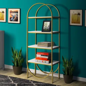 Arched Metal Frame Wooden Bookshelf With 4 Open Compartments,White And Gold By Benzara