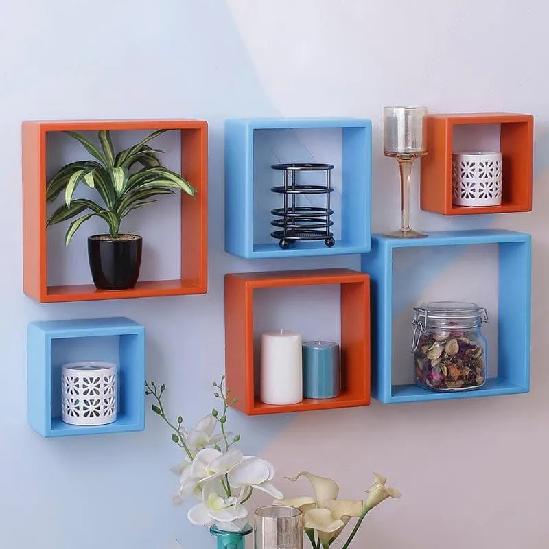 Aura Cube Wall Shelf - Blue & Orange - Set Of Six