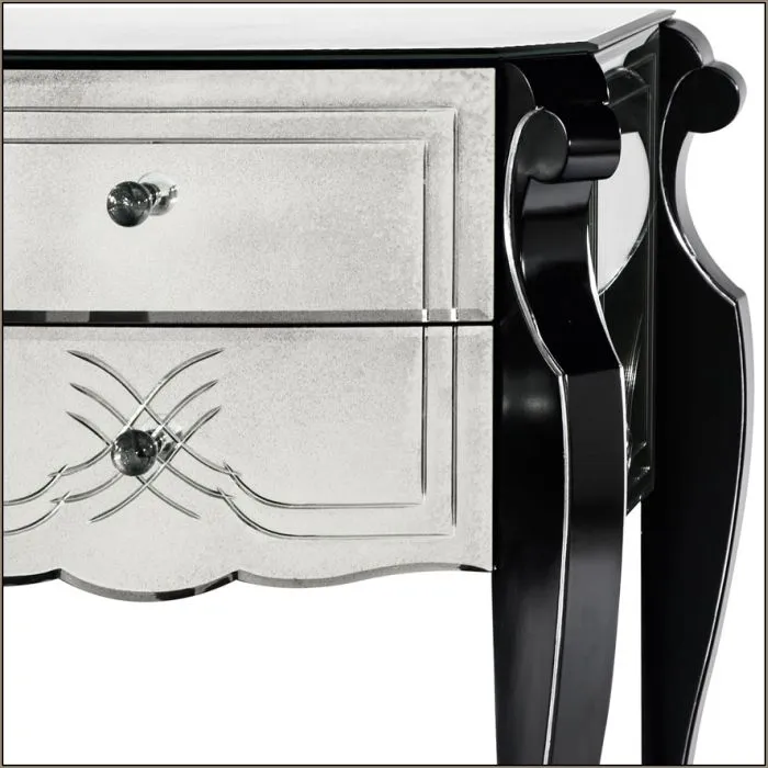 Black Art Deco-Style Nightstand With Venetian Mirror Drawer Fron