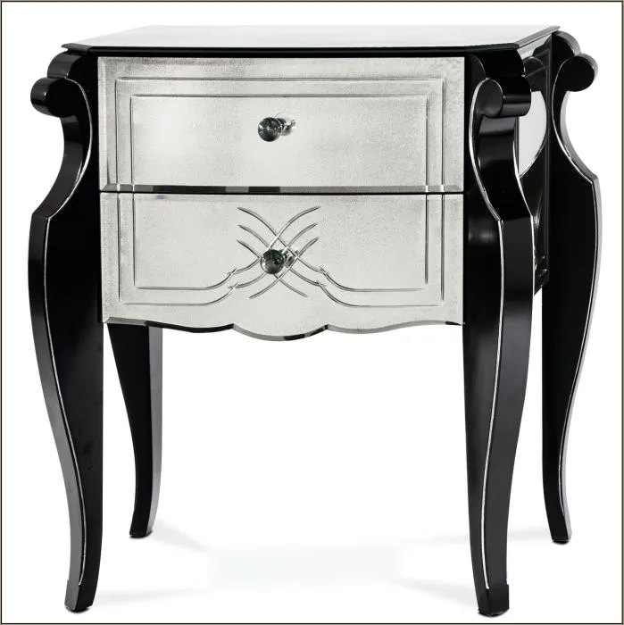 Black Art Deco-Style Nightstand With Venetian Mirror Drawer Fron