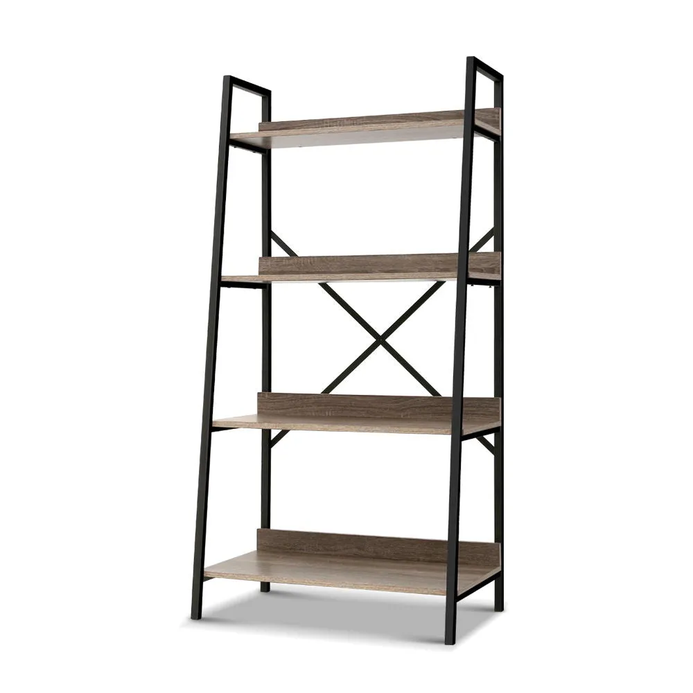 Bookshelf 4Tier Metal Bookcase Bookshelves Oak Book Shelf Display Storage