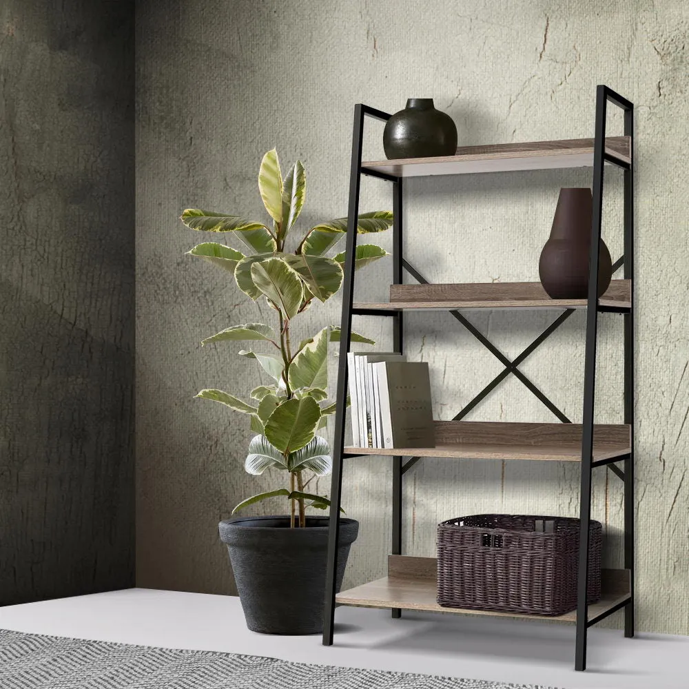 Bookshelf 4Tier Metal Bookcase Bookshelves Oak Book Shelf Display Storage