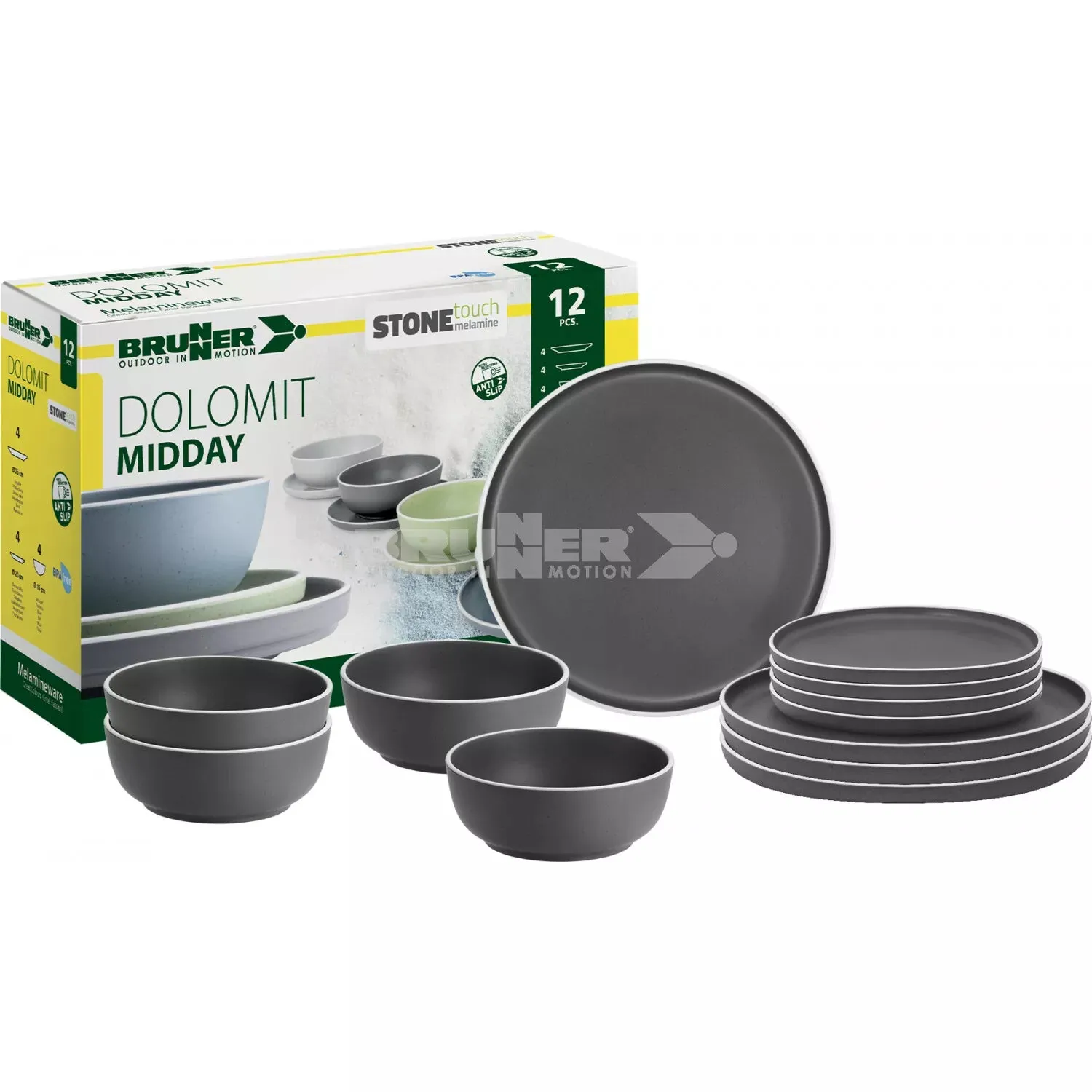 Brunner Dolomit Grey Midday 12 piece Melamine Dinner Set