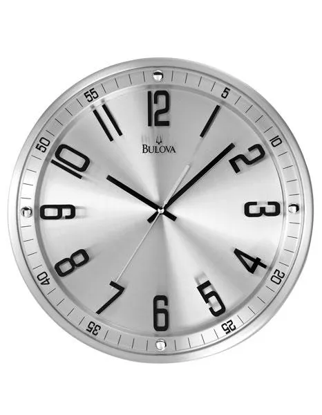 Bulova Silhouette Brushed Metal Wall Clock - Black Hands & Numerals - Glass Dial