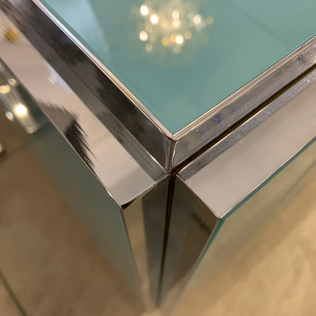 Contemporary Italian Art Deco Style Aqua Turquoise Glass Nickel Modern Cabinet