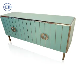 Contemporary Italian Art Deco Style Aqua Turquoise Glass Nickel Modern Cabinet