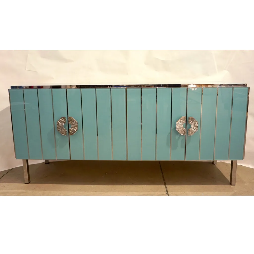 Contemporary Italian Art Deco Style Aqua Turquoise Glass Nickel Modern Cabinet