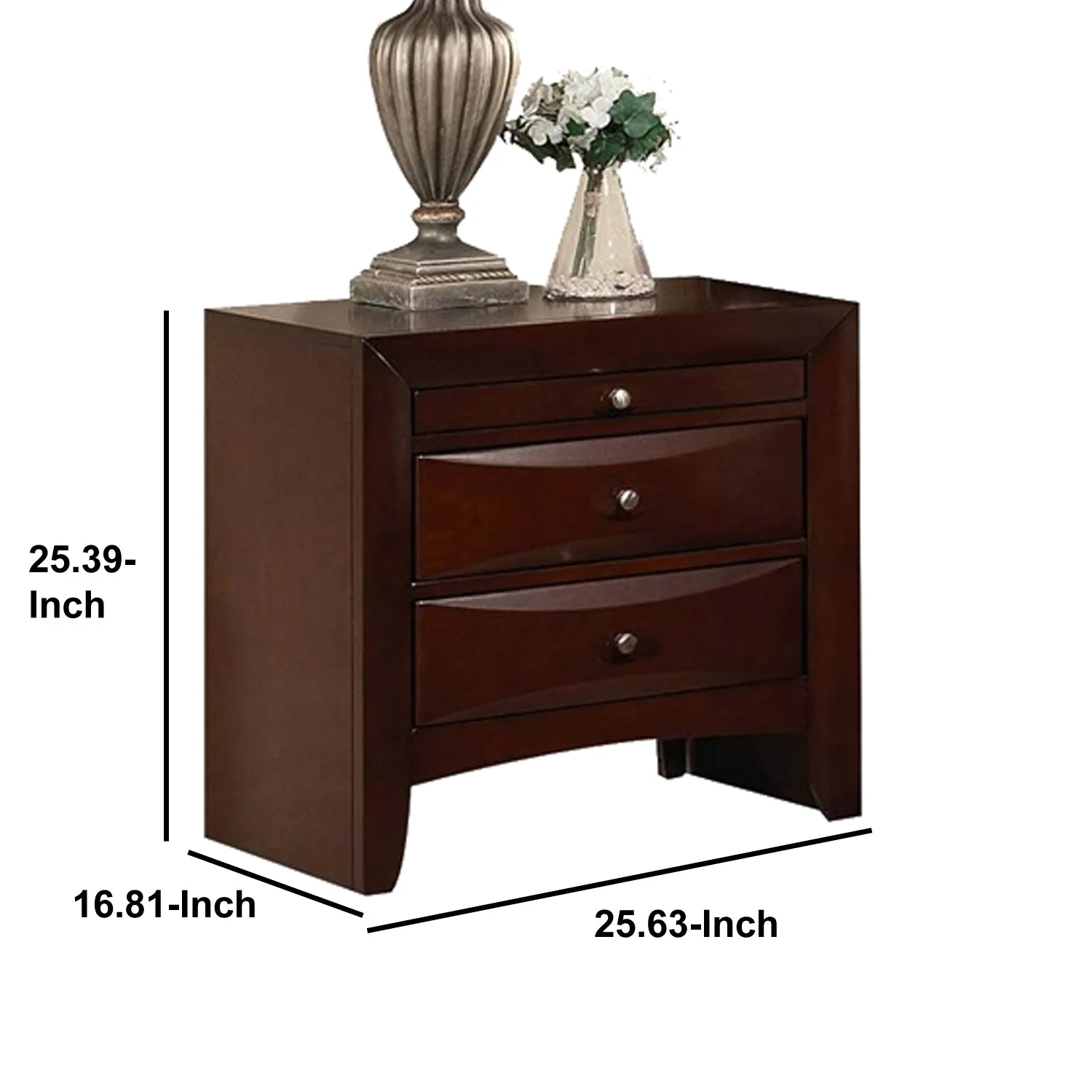 Contemporary Style Wooden Nightstand With Three Drawers And Metal Knobs, Brown By Benzara