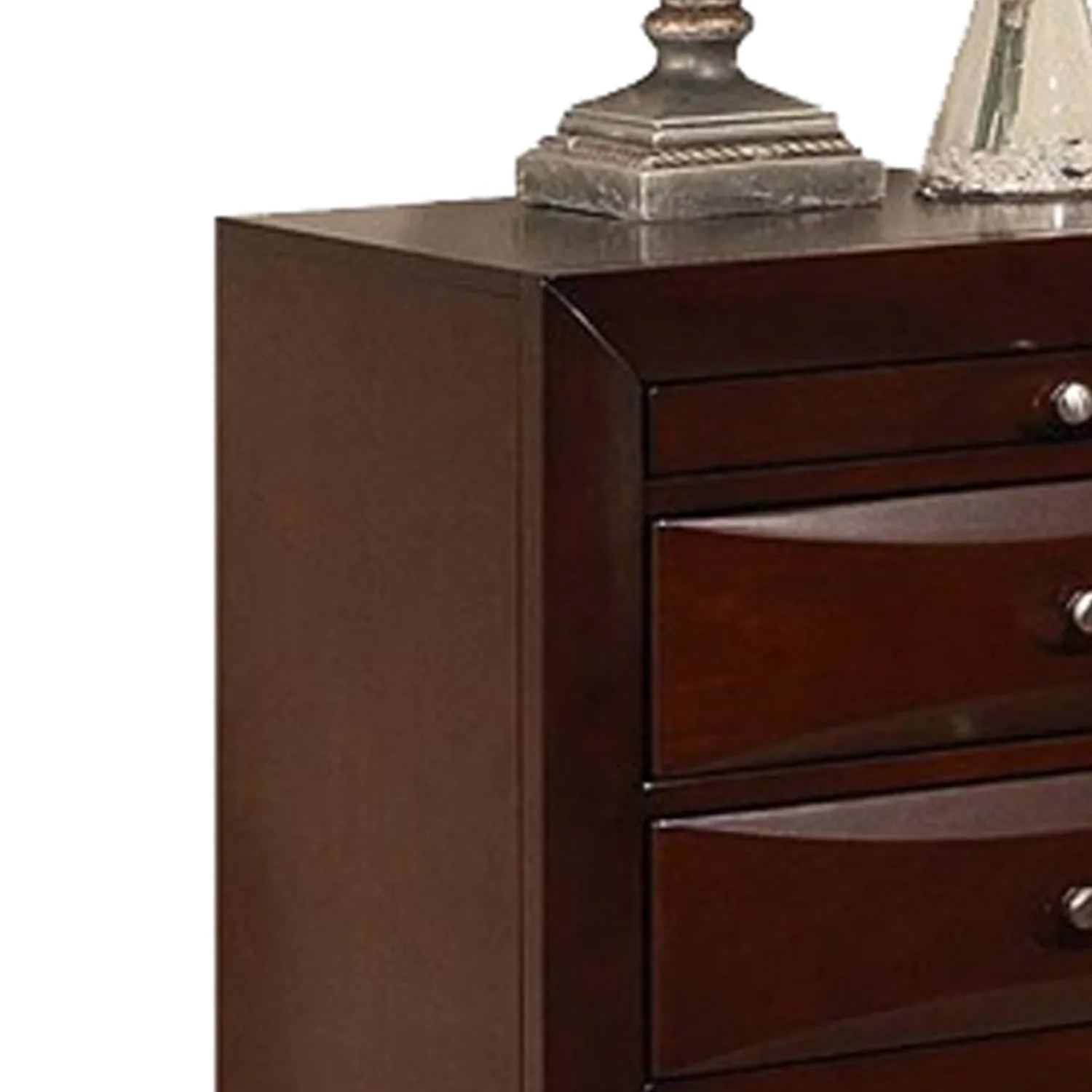 Contemporary Style Wooden Nightstand With Three Drawers And Metal Knobs, Brown By Benzara