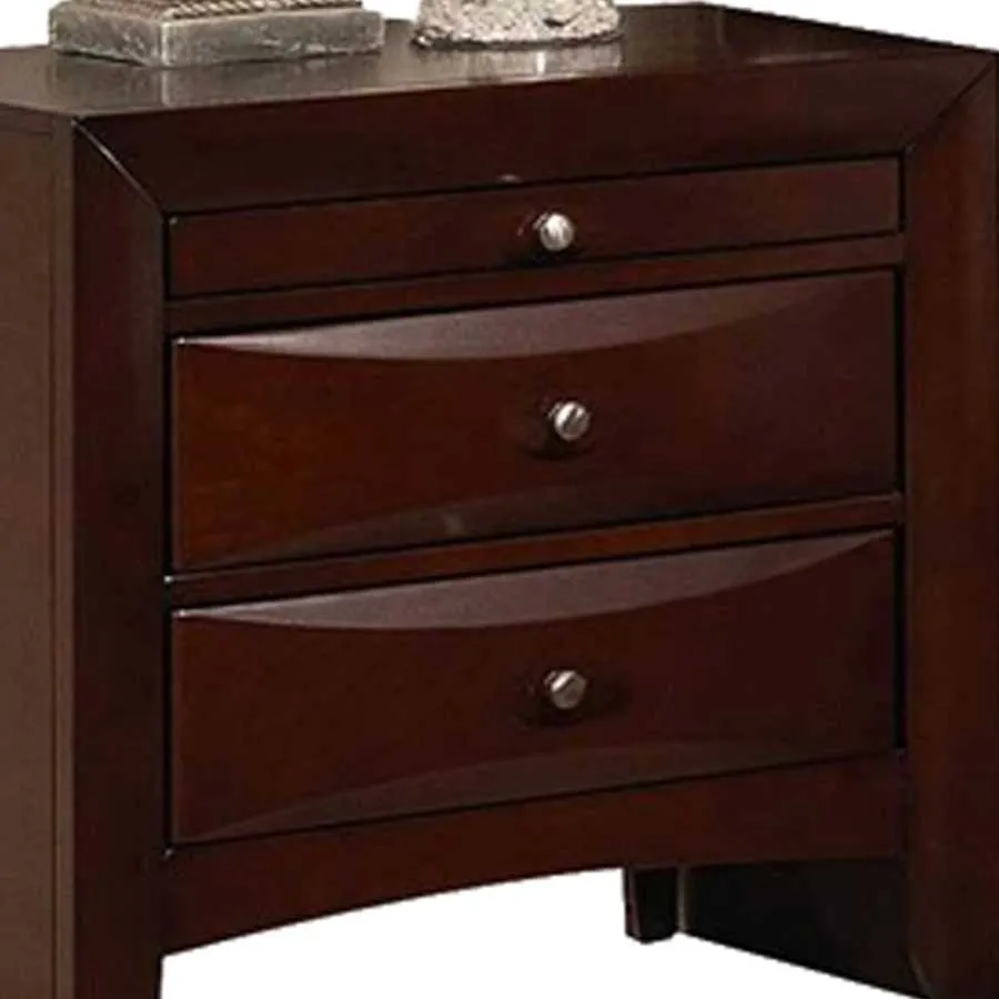 Contemporary Style Wooden Nightstand With Three Drawers And Metal Knobs, Brown By Benzara