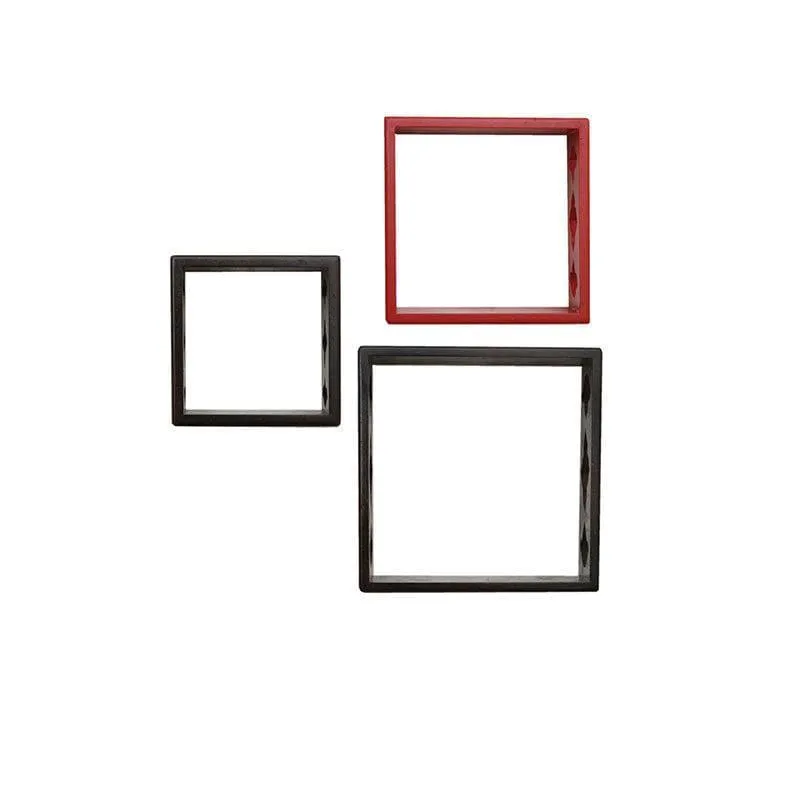 Cubix Floating Wall Shelf (Brown & Red) - Set Of Three