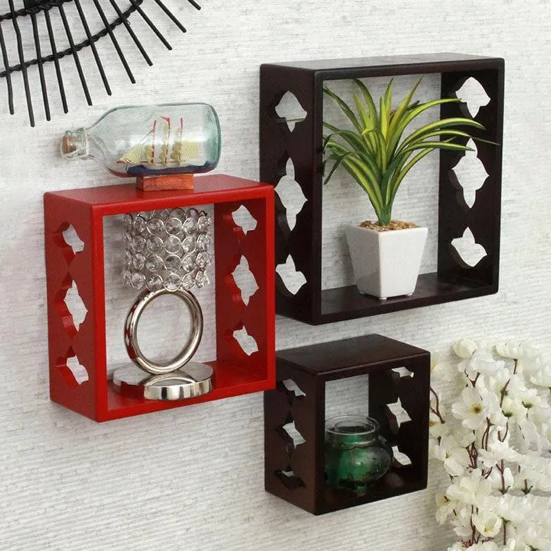 Cubix Floating Wall Shelf (Brown & Red) - Set Of Three