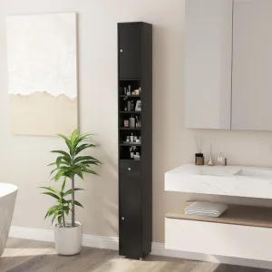 Freestanding Slim Bathroom Cabinet with Drawer and Adjustable Shelves-Black