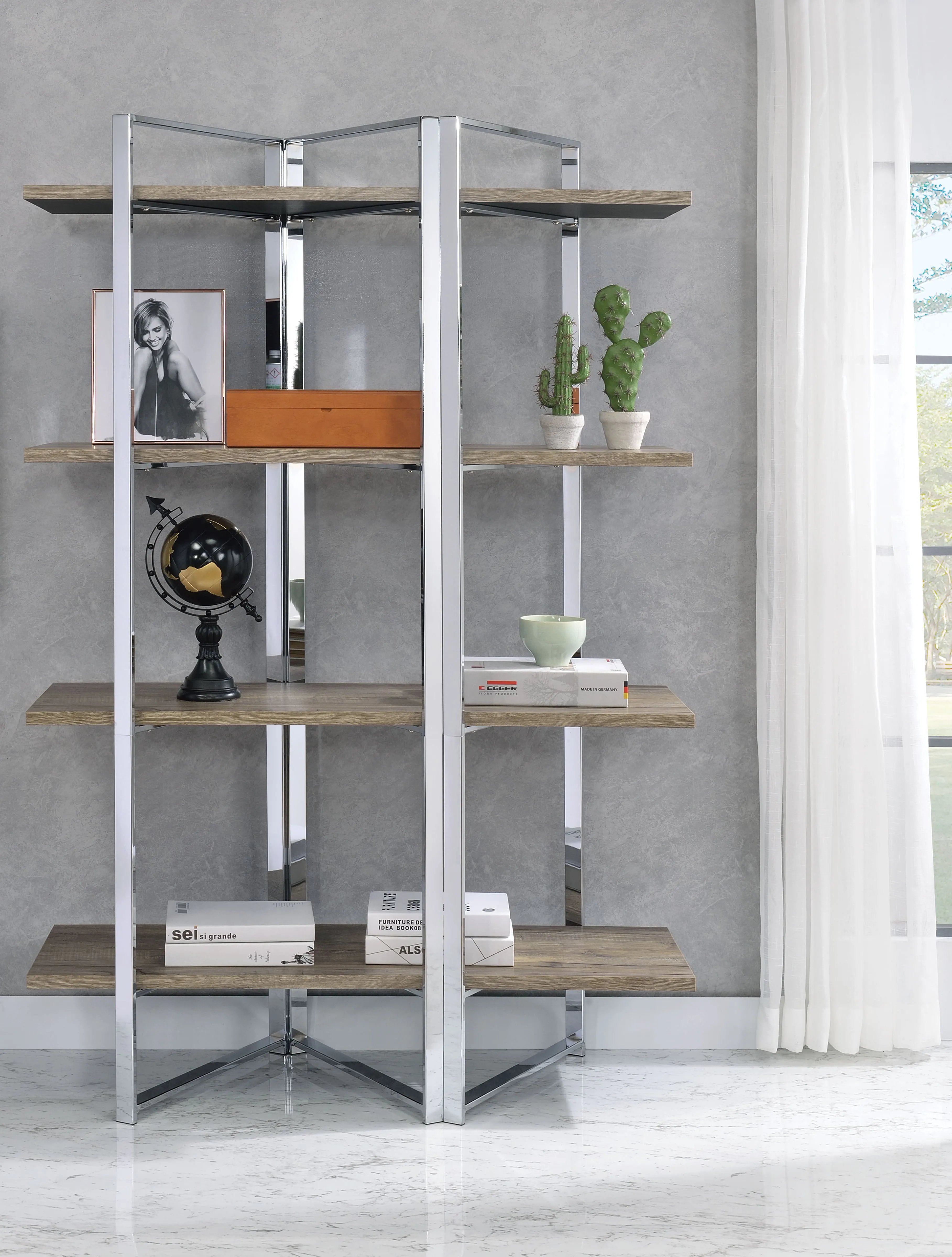 Geometric Metal Framed Bookshelf With Four Open Wooden Shelves, Brown And Silver By Benzara