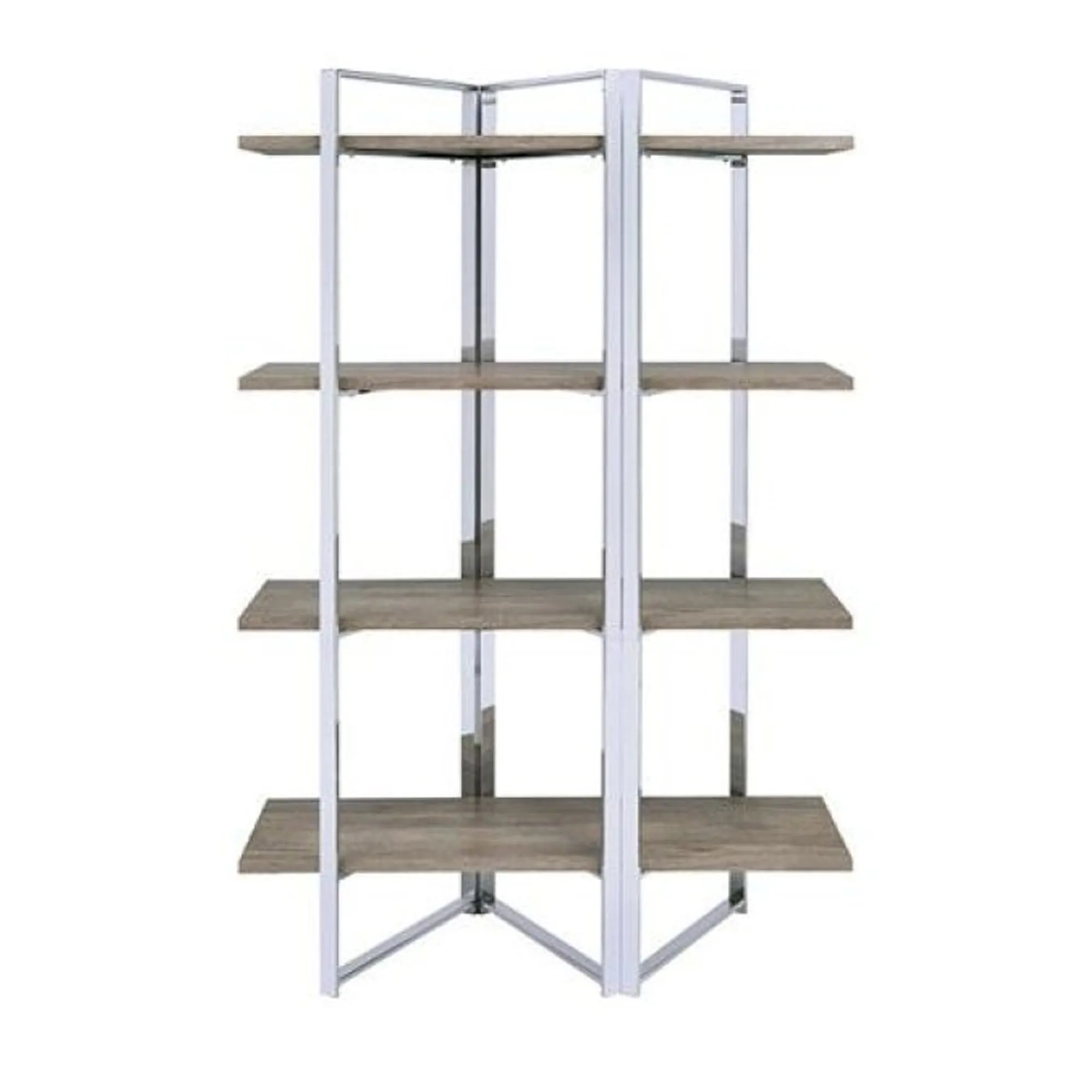 Geometric Metal Framed Bookshelf With Four Open Wooden Shelves, Brown And Silver By Benzara