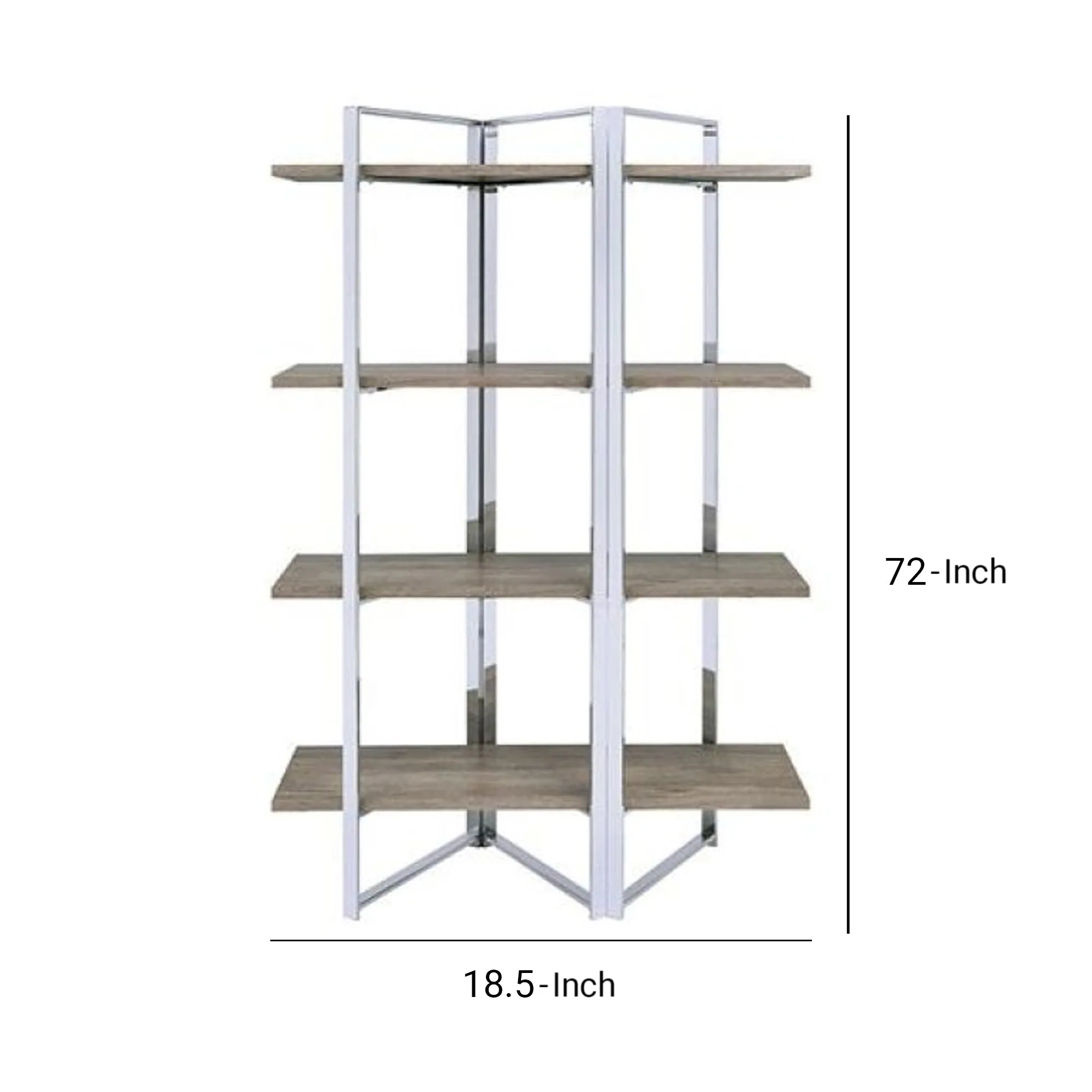 Geometric Metal Framed Bookshelf With Four Open Wooden Shelves, Brown And Silver By Benzara