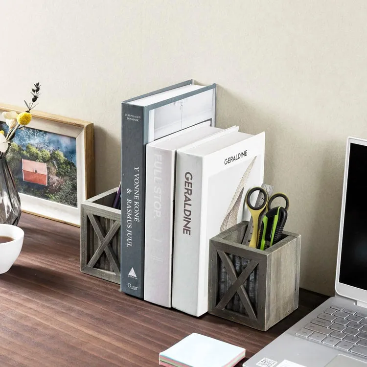 Gray Wood and Corrugated Galvanized Metal Bookends, Desktop Book Ends with Pen Holder Pencil Cup Stationery Storage Bins