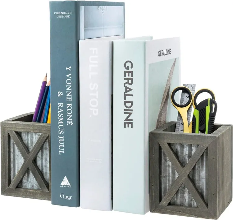 Gray Wood and Corrugated Galvanized Metal Bookends, Desktop Book Ends with Pen Holder Pencil Cup Stationery Storage Bins