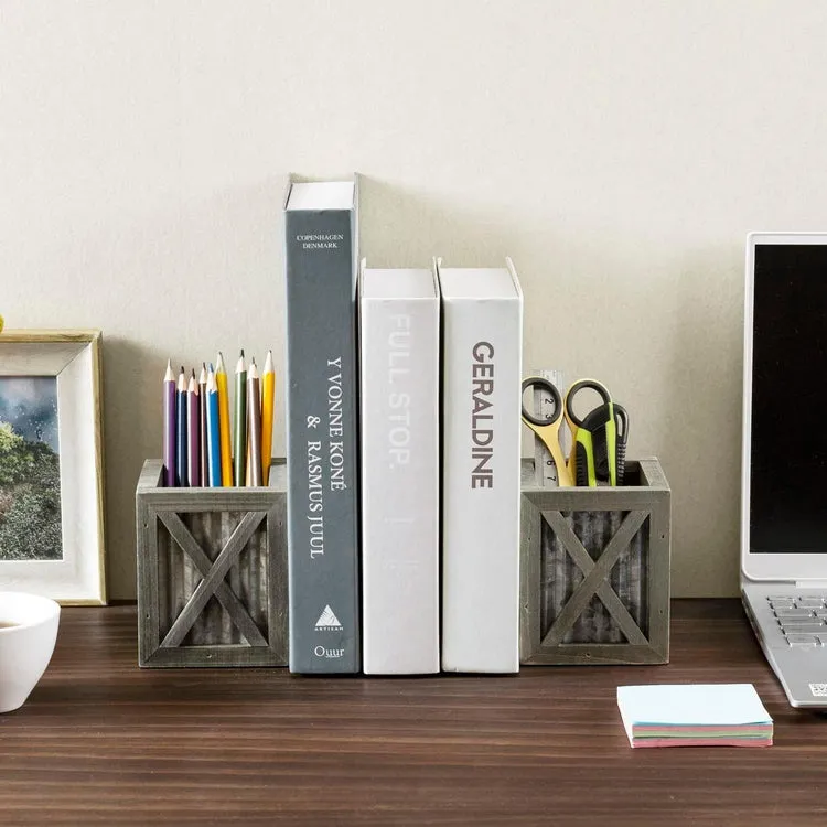 Gray Wood and Corrugated Galvanized Metal Bookends, Desktop Book Ends with Pen Holder Pencil Cup Stationery Storage Bins