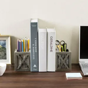 Gray Wood and Corrugated Galvanized Metal Bookends, Desktop Book Ends with Pen Holder Pencil Cup Stationery Storage Bins