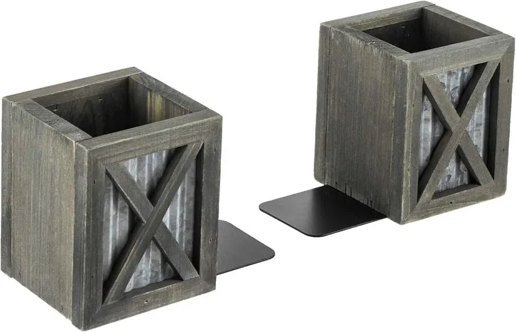 Gray Wood and Corrugated Galvanized Metal Bookends, Desktop Book Ends with Pen Holder Pencil Cup Stationery Storage Bins