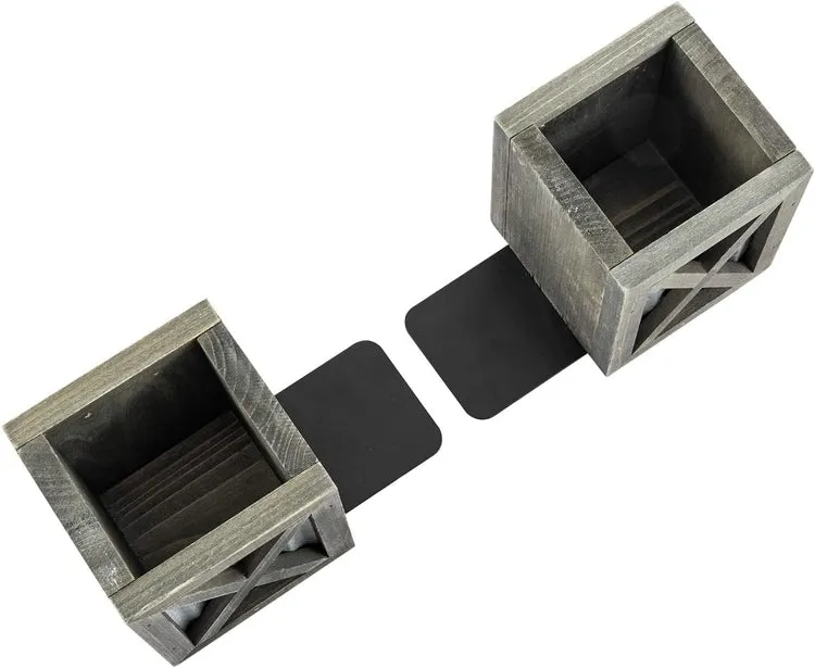 Gray Wood and Corrugated Galvanized Metal Bookends, Desktop Book Ends with Pen Holder Pencil Cup Stationery Storage Bins