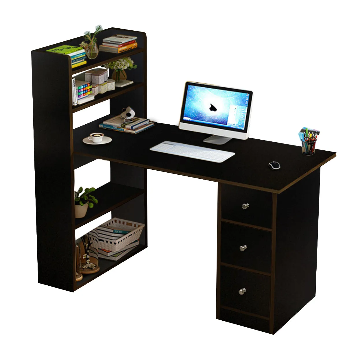 Kawachi Compact Computer Laptop Desk Study Table with 4 Shelves Storage 3 Drawers KW12-Brown