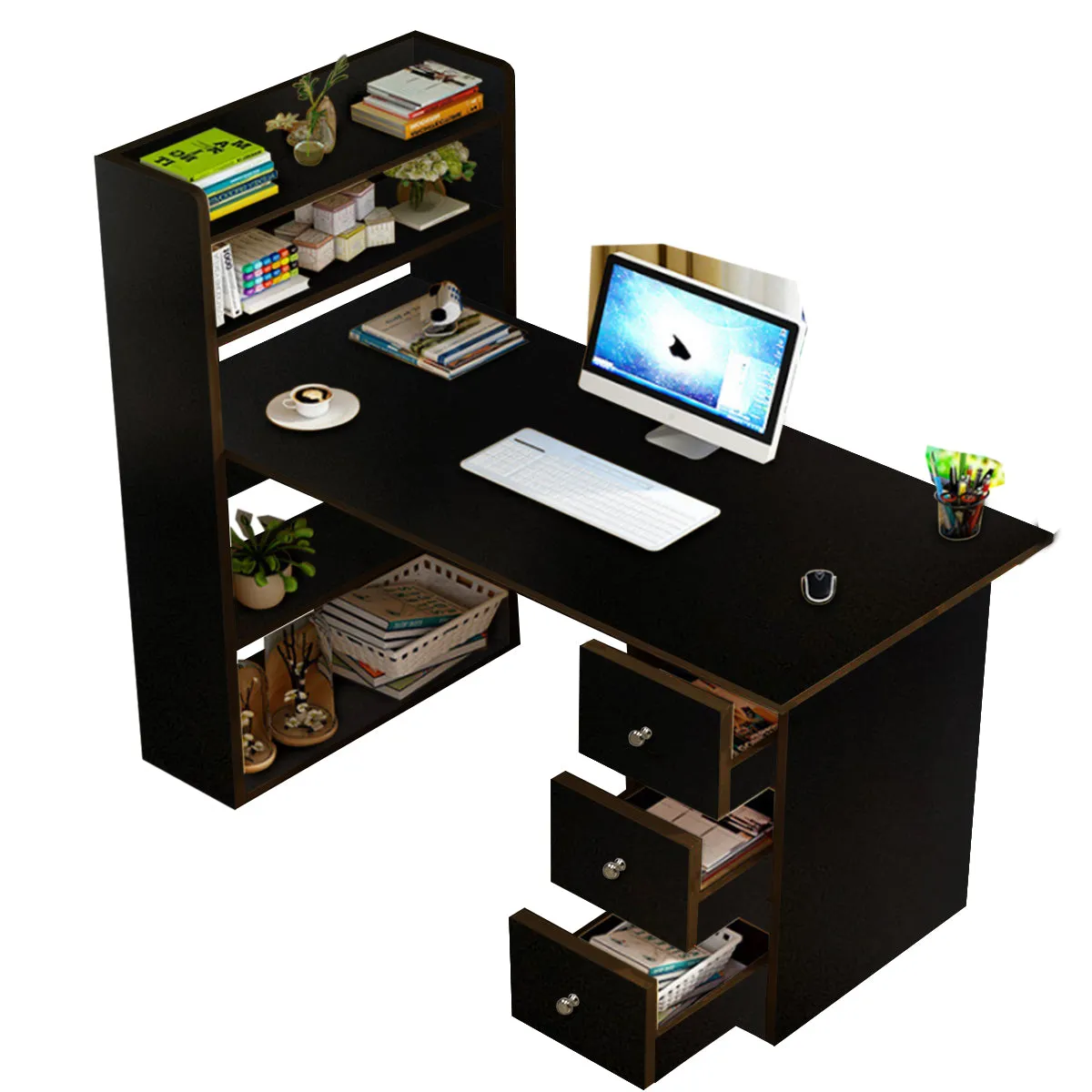 Kawachi Compact Computer Laptop Desk Study Table with 4 Shelves Storage 3 Drawers KW12-Brown