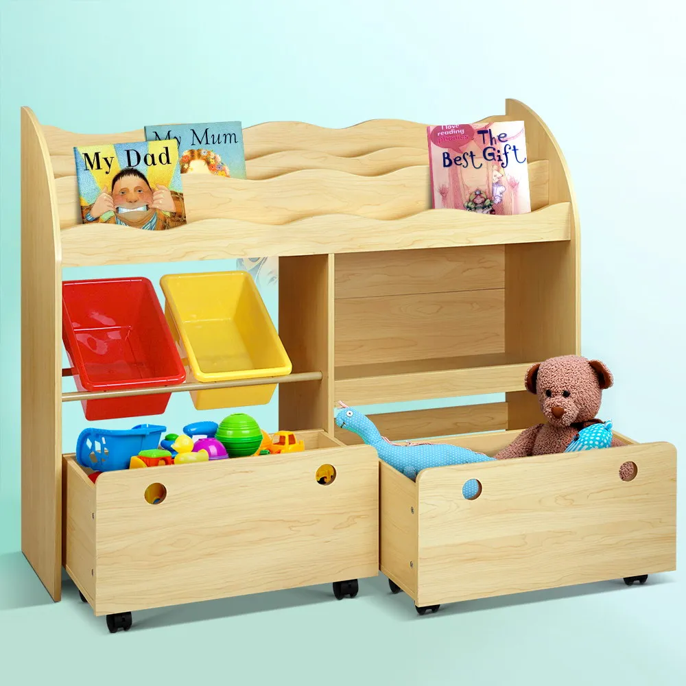 Kids Bookcase Childrens Bookshelf Toy Storage Box Organizer Display Rack Drawers with Rollers