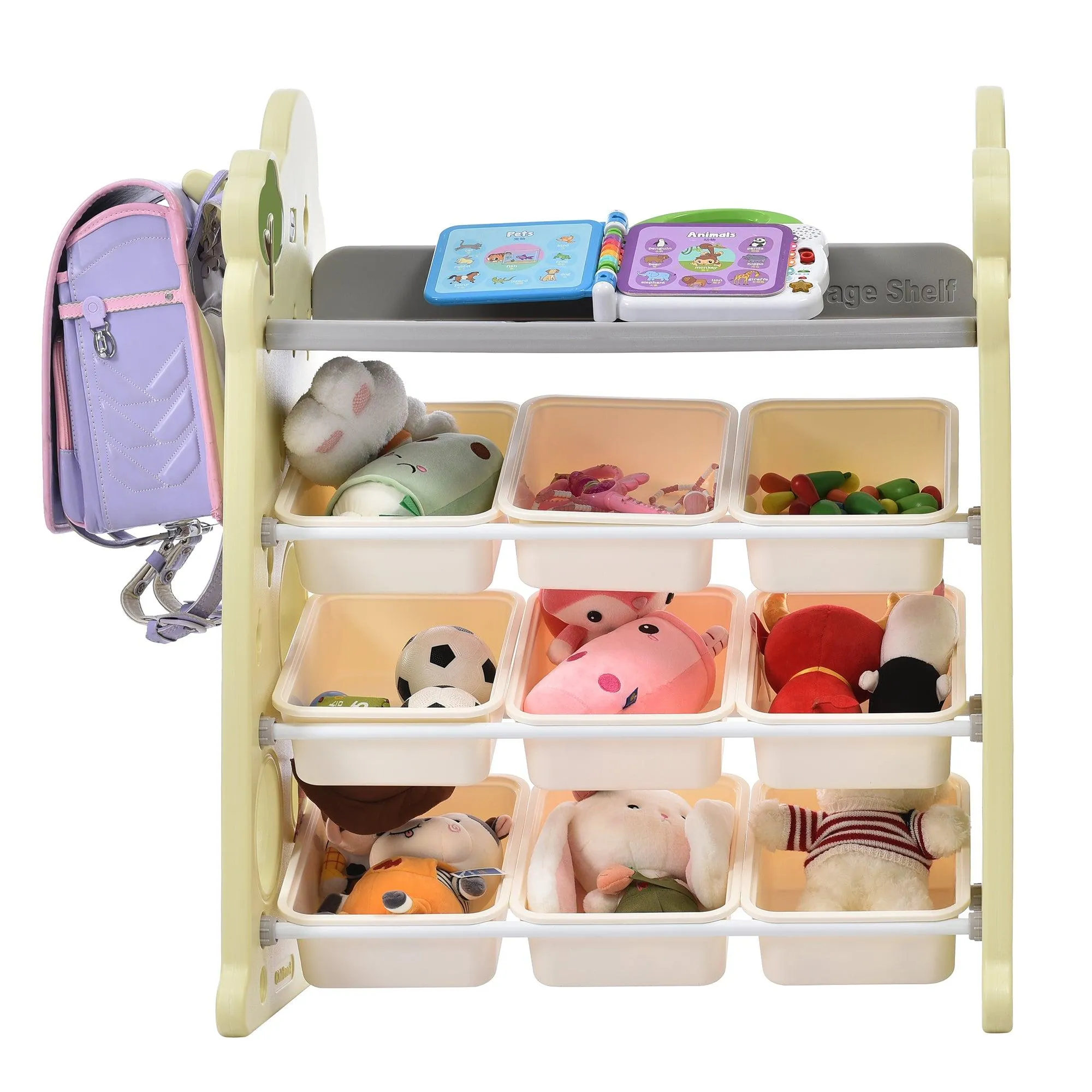 Kids Bookshelf ToyStorage Organizer with 12 Bins and 4 Bookshelves, Multi-functional Nursery Organizer Kids Furniture Set ToyStorage Cabinet Unit with HDPE Shelf and Bins