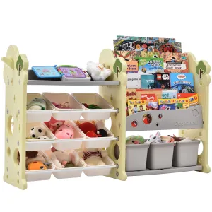 Kids Bookshelf ToyStorage Organizer with 12 Bins and 4 Bookshelves, Multi-functional Nursery Organizer Kids Furniture Set ToyStorage Cabinet Unit with HDPE Shelf and Bins