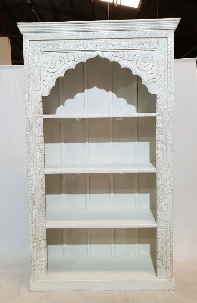 Mehrab Hand Carved Jharokha arch design Solid Wood Large Bookshelf White 126x46x214cm