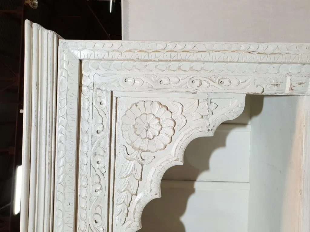 Mehrab Hand Carved Jharokha arch design Solid Wood Large Bookshelf White 126x46x214cm