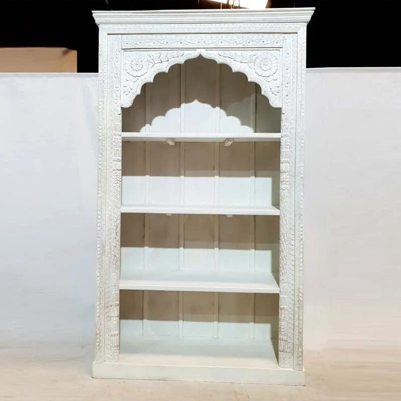 Mehrab Hand Carved Jharokha arch design Solid Wood Large Bookshelf White 126x46x214cm