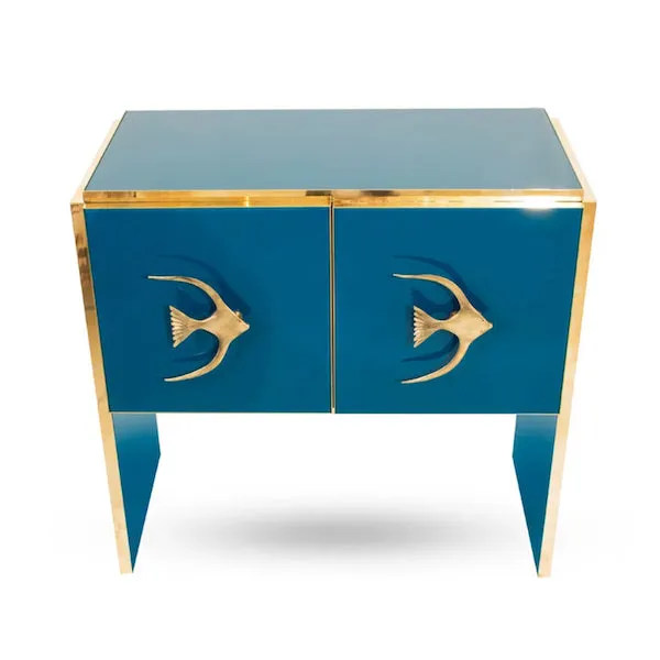 Modern Italian Custom Design Brass Edged & Fish Marine Decor Teal Blue Cabinet