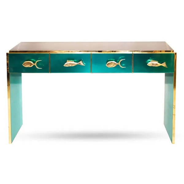 Modern Italian Custom Design Brass Edged & Fish Marine Decor Teal Blue Cabinet