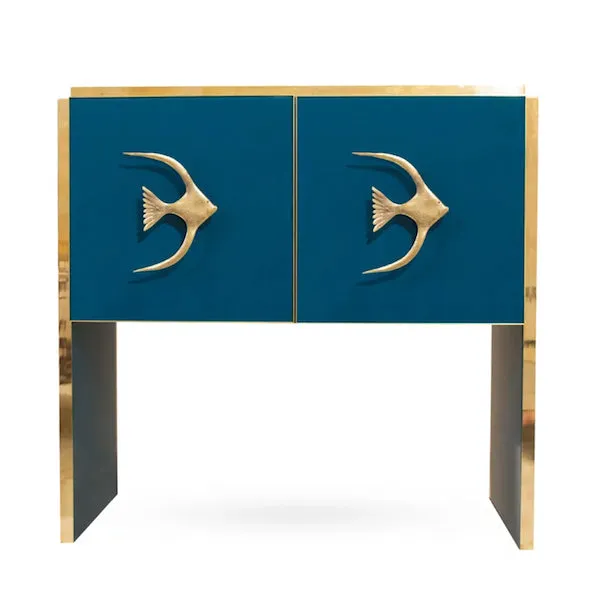 Modern Italian Custom Design Brass Edged & Fish Marine Decor Teal Blue Cabinet