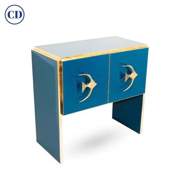 Modern Italian Custom Design Brass Edged & Fish Marine Decor Teal Blue Cabinet